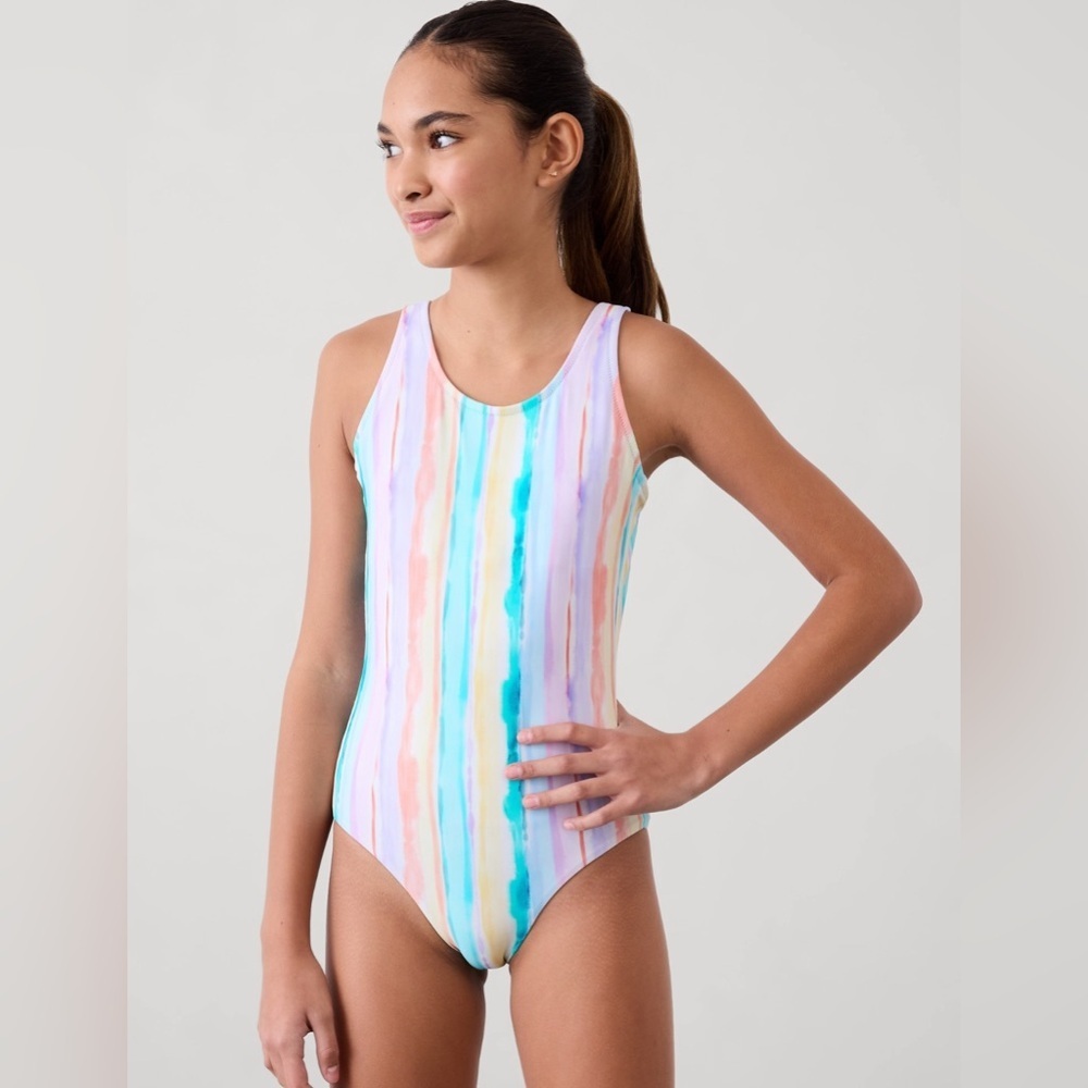 NWT Athleta Girl Scoop One Piece Bliss Stripe Blue Swimsuit Size XL/14